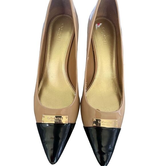 Coach NY Gold plated black tan pointy toe heels patent leather Size 10B Office - Picture 1 of 12